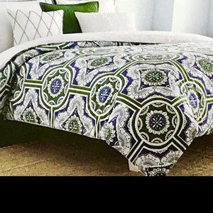 NEW Real Simple Sutton Medallion Green Blue Queen COTTON Duvet Cover - 82” X 90”